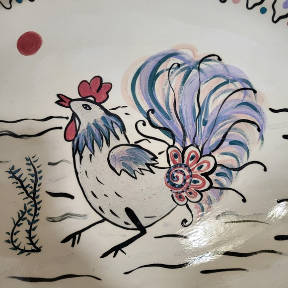 Hand Painted Oval Art Pottery Serving Platter Rooster - Picture 9 of 15